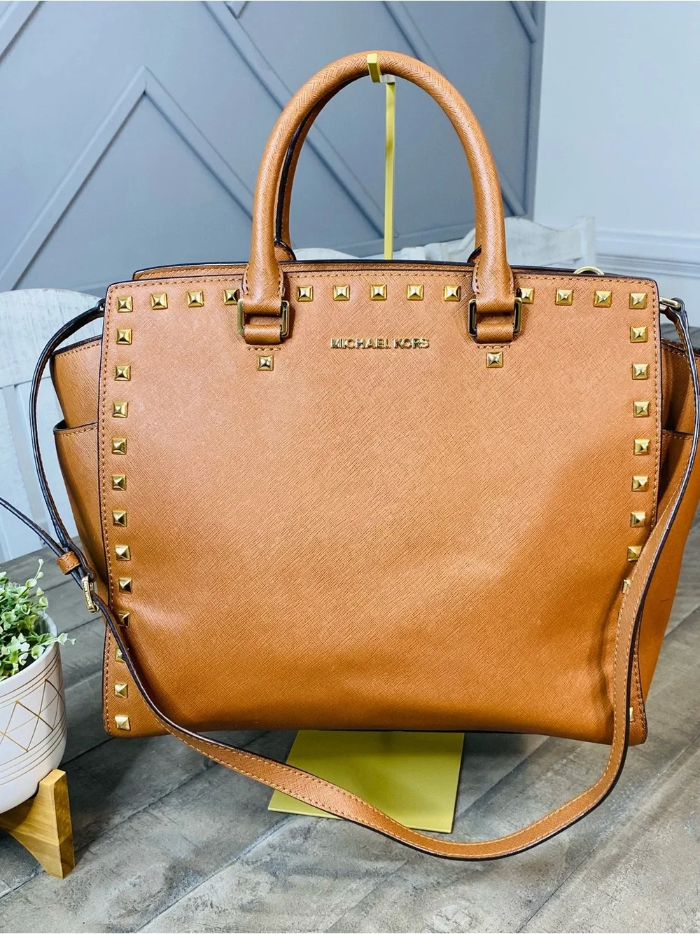 Michael Kors Selma Studded Large Brown Satchel Zip, Gold Hardware, Strap